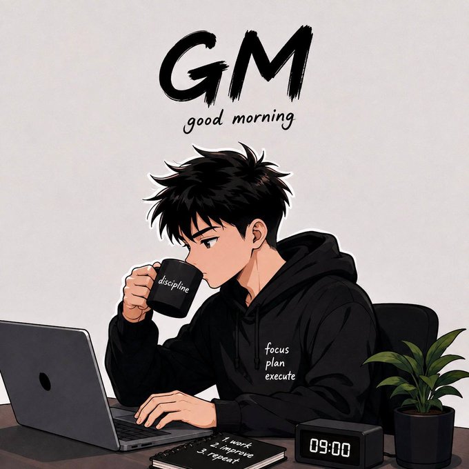 An anime-style illustration of a young man with messy black hair drinking from a mug labeled 'discipline' while working on a laptop, wearing a black hoodie with 'focus plan execute' text, with 'GM good morning' written above and a digital clock showing 09:00.