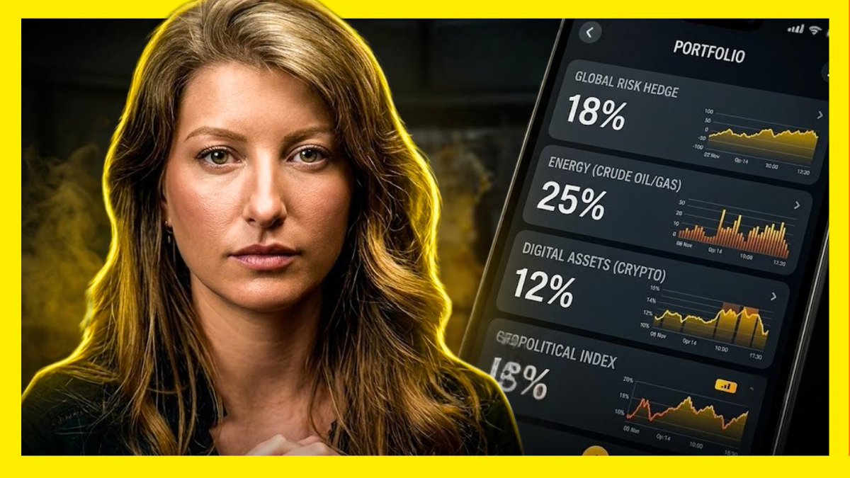 The image shows a woman with brown hair alongside a smartphone displaying a "PORTFOLIO" screen with allocations including Global Risk Hedge (18%), Energy Crude Oil/Gas (25%), Digital Assets Crypto (12%), and Geopolitical Index (18%). The portrait-and-dashboard layout visually reinforces the post's warning about 2025 crypto tax rules, suggesting that investors need organized tracking of digital asset holdings and broader portfolio exposures before the IRS catches up with sloppy cost basis records.