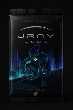 A black product packet labeled 'YROY CLUB – ECOSYSTEM PACKS' featuring a glowing blue futuristic character and '1 NFT PER PACK' text.