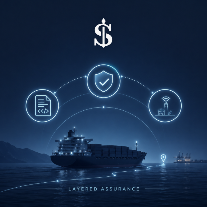 A dark blue promotional graphic showing a cargo ship at sea with three circular icons above it (a code document, a shield with checkmark, and a building with a Wi-Fi signal), topped by a dollar sign logo and labeled 'LAYERED ASSURANCE' at the bottom.