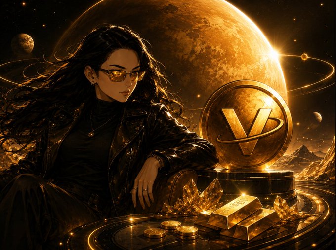 A digital artwork of a woman in a black leather jacket and yellow sunglasses sitting next to gold coins, gold bars, and a gold 'V' coin against a backdrop of a large planet in space.