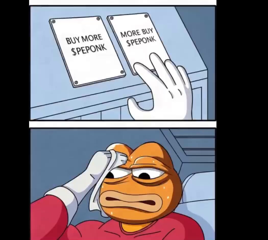 The image shows a cartoon frog with an orange face, sitting next to a white sign that says "more buy $PEPONK" and another sign that says "buy more buy $SEPONK". The frog appears to be contemplating whether or not to buy something from the store.