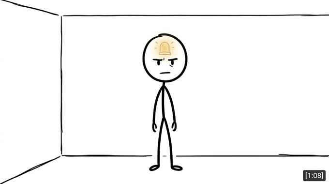 A simple line-drawn cartoon stick figure standing in an empty room with a bell icon glowing on its forehead and a timestamp of 1:08.