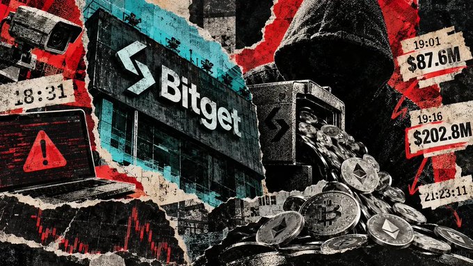 A collage-style graphic featuring the 'Bitget' cryptocurrency exchange logo, a surveillance camera, falling Bitcoin coins, and alarming timestamps with large dollar amounts like '$87.6M' and '$202.8M'.