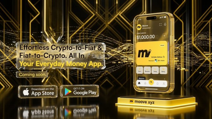 The image features a gold-colored smartphone with a "Moove" logo, placed on top of a stand against a black background. The phone displays an advertisement for Moove Ramp's beta version, which allows users to easily change their cash into stablecoins using the app. The text in the image emphasizes that this is the final release and encourages users to download the app immediately.