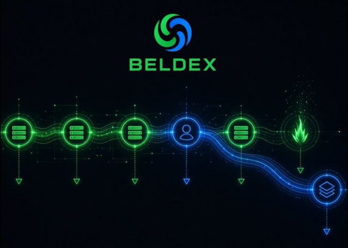 A digital infographic for BELDEX displays a flowchart of green server icons, a blue user profile icon, and a flame icon connected by glowing lines on a black background.