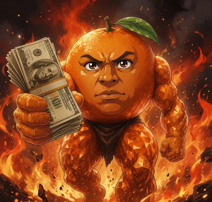 An anthropomorphic orange with a muscular, low-poly body stands amid raging flames, angrily clutching a fanned-out stack of $100 bills featuring Benjamin Franklin's portrait. The fiery, aggressive imagery matches the post's aggressive tone of a $Udin meme coin airdrop giveaway targeting "bagworkers," with the cash-wielding fruit visually representing the promised payout.