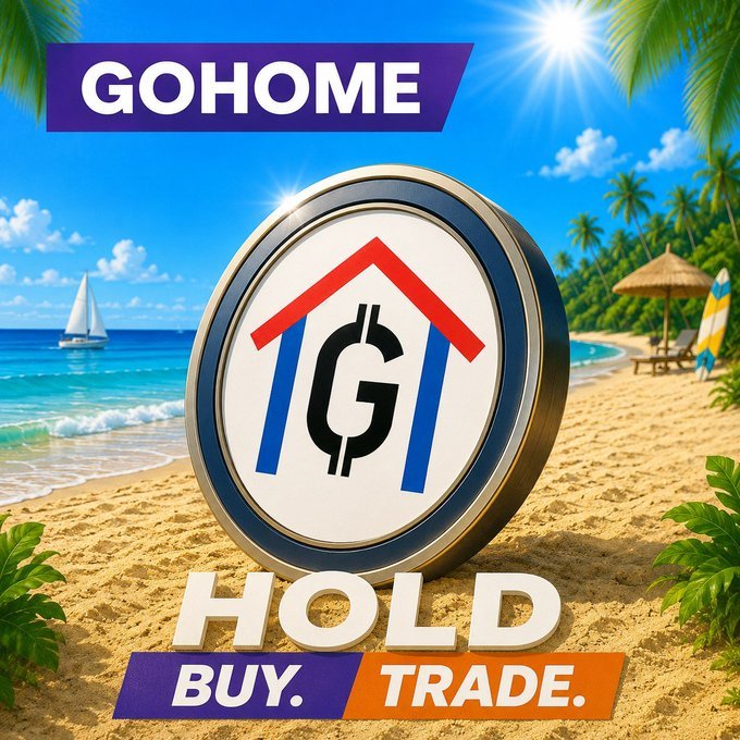 Digital advertisement for 'GOHOME' and 'HOLD' featuring a house-shaped logo with a stylized 'G' centered on a circular badge against a tropical beach background, with 'BUY. TRADE.' at the bottom.
