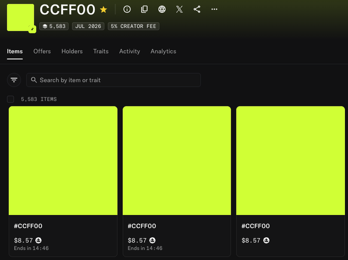 A screenshot of the CCFF00 NFT collection page on OpenSea, displaying 5,583 items priced at $8.57 with a 5% creator fee and auctions ending in 14:46, supporting the post's claim about the value of holding CCFF00 NFTs.