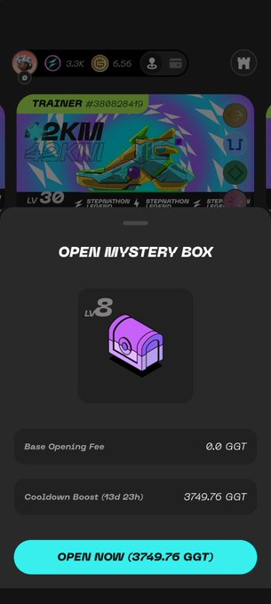 A screenshot from the STEPN app showing an "OPEN MYSTERY BOX" screen for a Level 8 mystery box, with a "Cooldown Boost (13d 23h)" priced at 3749.76 GGT and an "OPEN NOW" button. The top displays a trainer profile (#388828419) at Level 30 with 2KM and 4KM sneakers, and stats showing 3.3K, 6.56, and 0 tokens, which aligns with the post about earning a mystery box after running to the Fuji Rock livestream.