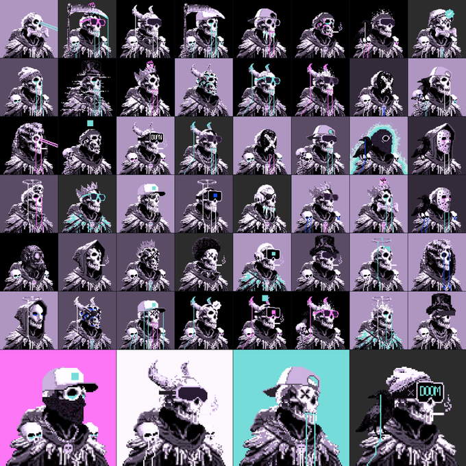 A grid of pixel art NFT character portraits featuring various skeleton and grim reaper figures in purple and black tones, with several wearing hats, sunglasses, or glowing accessories.