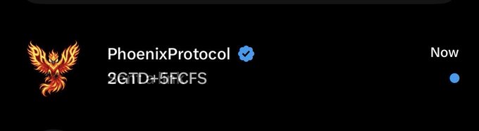 A dark-mode digital wallet or app interface showing an account named 'PhoenixProtocol' (verified) with an alphanumeric address '2GTD+5FCFS' and a 'Now' status indicator.