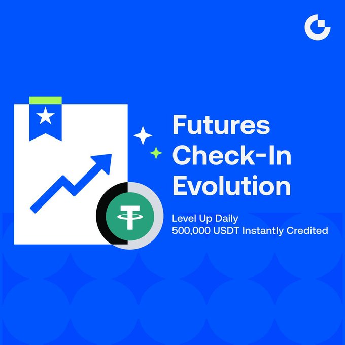 The image features a blue background with white text that reads "Futures Check-In Evolution Level Up Daily Unlock rewards from a 500,000 USDT Prize Pool Join now before the prize pool is fully distributed!". The title of the post is "Futures Check-In Evolution: Level Up Daily and Unlock Rewards from a 500,000 USDT Prize Pool Join now before the prize pool is fully distributed!", which suggests that there's an ongoing promotion for a cryptocurrency called Tether.