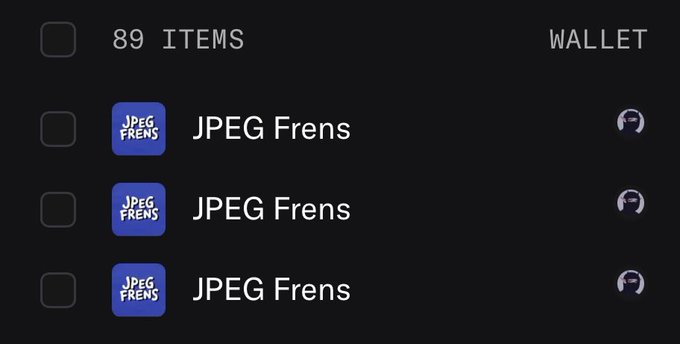 A digital wallet interface showing '89 ITEMS' and three entries for 'JPEG Frens' displayed on a dark background.