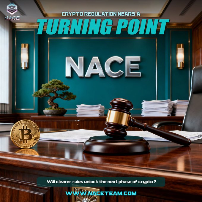The image depicts a judge's gavel and a Bitcoin coin on a wooden courtroom desk, with the bold headline "CRYPTO REGULATION NEARS A TURNING POINT" and the NACE logo displayed on a teal courtroom wall, visually reinforcing the post's message about the crypto industry awaiting regulatory clarity.
