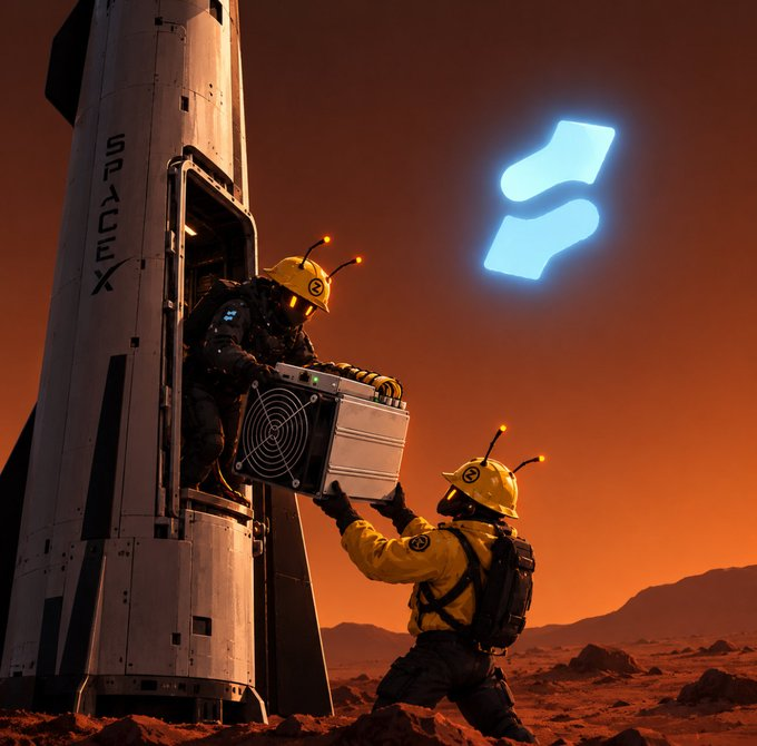 Two suited workers in yellow helmets unload a large device from a SpaceX rocket on an orange alien-like landscape beneath a glowing blue logo.