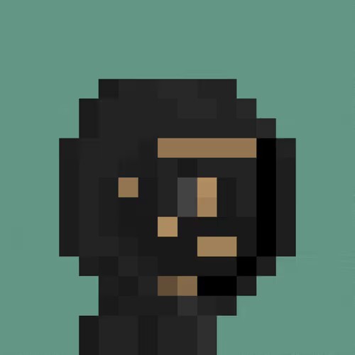 A pixel art portrait of a dark-skinned figure with geometric golden facial features set against a solid teal background.
