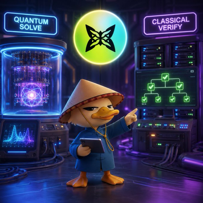 A cartoon duck wearing a conical hat and blue robe points between a glowing "QUANTUM SOLVE" machine and a "CLASSICAL VERIFY" screen displaying a checkmarked verification tree, illustrating the concept that quantum computers can tackle hard optimization problems while classical hardware handles verification.