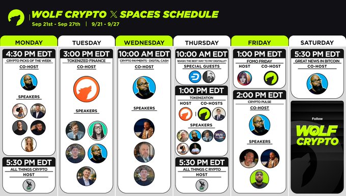 A 'Wolf Crypto x Spaces Schedule' for Sep 21st - Sep 27th, listing various crypto-related Twitter Spaces events with hosts and speakers for each day of the week.