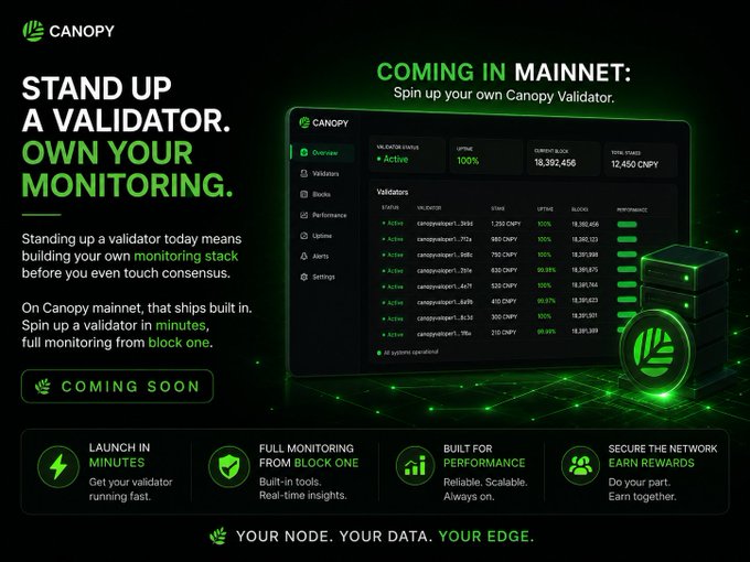 A promotional graphic for Canopy titled 'STAND UP A VALIDATOR. OWN YOUR MONITORING.' highlighting features like 'COMING IN MAINNET,' 'LAUNCH IN MINUTES,' and 'FULL MONITORING FROM BLOCK ONE,' alongside a screenshot of a validator dashboard.