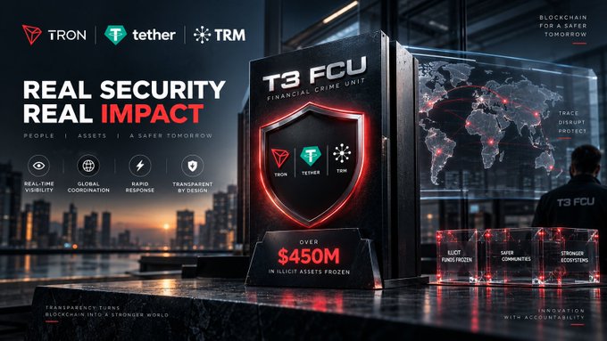 A promotional graphic for T3 FCU (Financial Crime Unit) featuring logos for TRON, tether, and TRM, with the tagline 'REAL SECURITY REAL IMPACT' and highlighting 'OVER $450M IN ILLICIT ASSETS FROZEN'.