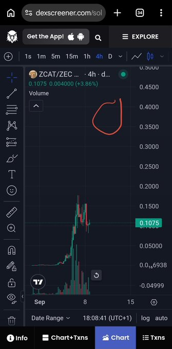 A Dexscreener chart for the ZCAT/ZEC pair on Solana showing a price of 0.1075 (+3.86%) over a 4-hour timeframe, with the accompanying post "Just me? $ZCAT" suggesting the user is questioning whether others are also noticing or interested in this low-cap memecoin, which appears to have recently spiked from around 0.05 to its current price before consolidating.
