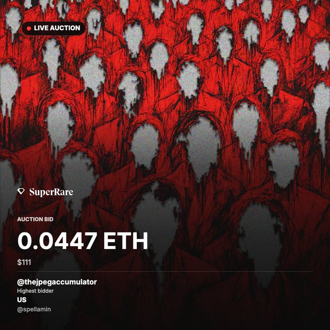 A SuperRare NFT live auction screen showing a red artwork with silhouetted hooded figures, with a current bid of 0.0447 ETH ($111) by @thejpegaccumulator.