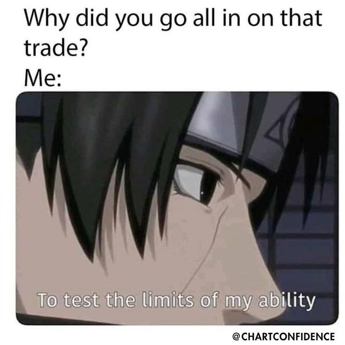 A meme showing an anime character (Sasuke from Naruto) with the text 'Why did you go all in on that trade? Me:' and 'To test the limits of my ability,' watermarked with @CHARTCONFIDENCE.