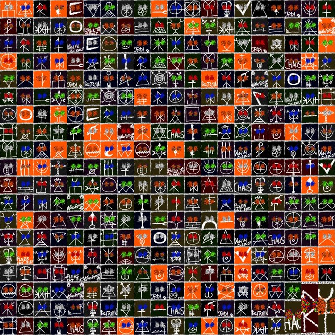 A dense collage of various colorful, primitive-style pictographs and symbols arranged in a grid pattern.