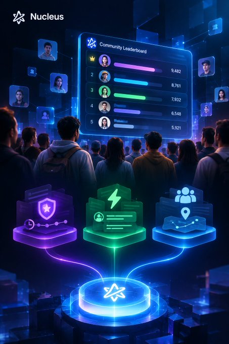 A futuristic digital graphic from 'Nucleus' showing a 'Community Leaderboard' with ranked avatars and scores, displayed to a silhouetted crowd, with glowing neon icons connected by energy beams at the bottom.