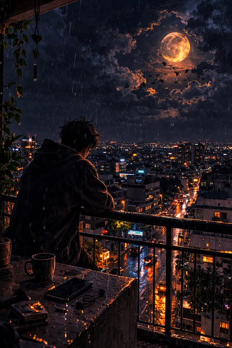 The image shows a man sitting alone on a balcony overlooking a cityscape with a full moon rising over the buildings, creating an atmospheric scene. The man appears to be enjoying his time outside at night, possibly sipping coffee from a cup placed next to him. There is also a book and a cell phone visible in the scene, suggesting that he might have been reading or using it before deciding to take a break on the balcony.