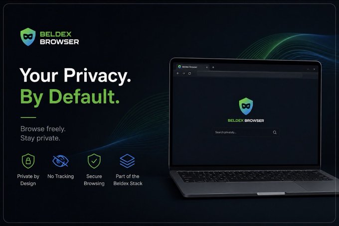 A promotional advertisement for 'Beldex Browser' with the tagline 'Your Privacy. By Default.' highlighting features like Private by Design, No Tracking, Secure Browsing, and showing a laptop displaying the browser interface.