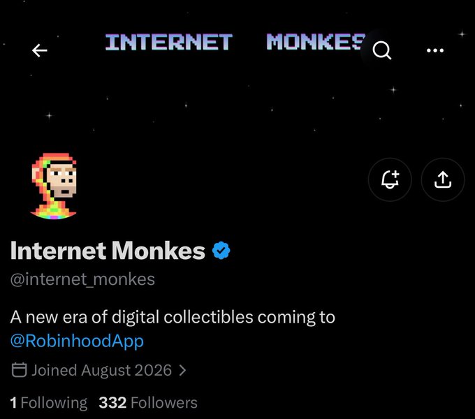 A screenshot of an X (formerly Twitter) profile page for 'Internet Monkes' (@internet_monkes), featuring a pixel art monkey logo, a blue verified checkmark, and the bio 'A new era of digital collectibles coming to @RobinhoodApp'.