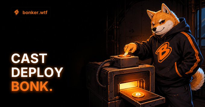 An illustration featuring an anthropomorphic Shiba Inu dog in a hoodie operating a glowing furnace, with text reading 'bonker.wtf' and 'CAST DEPLOY BONK.'