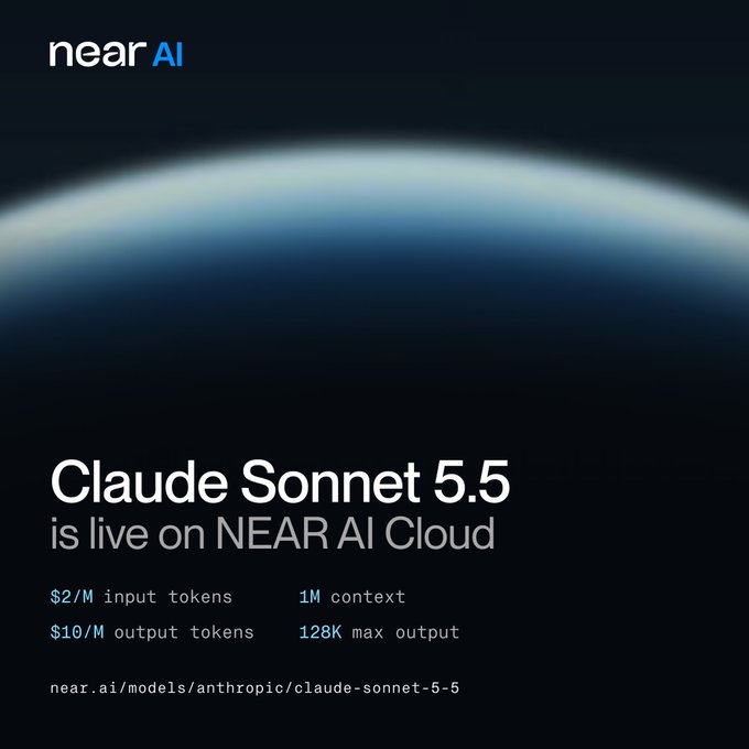 A promotional graphic for NEAR AI announces 'Claude Sonnet 5.5 is live on NEAR AI Cloud' with pricing details of $2/M input tokens and $10/M output tokens, plus 1M context and 128K max output.