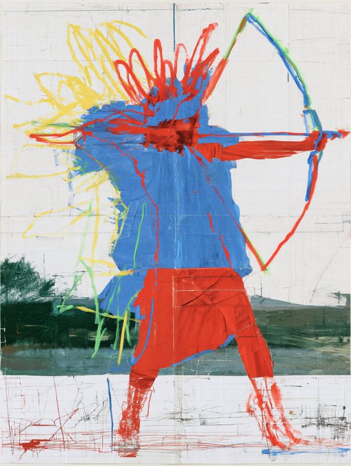 The image depicts a dynamic abstract painting of an archer figure, rendered in bold, gestural strokes of blue and red, with yellow scribbles suggesting energy or sun rays emanating from the head. The accompanying post references "objkt.com/tokens/KT1Uvij," indicating the artwork is being shared as a digital collectible on the Objkt NFT marketplace, where viewers are encouraged to "save" or preserve the piece.
