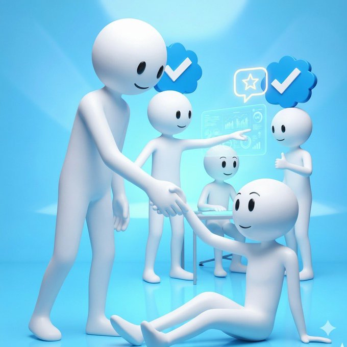 3D illustration of white humanoid figures collaborating around a holographic screen displaying charts and data, with checkmark and star speech bubbles floating above.