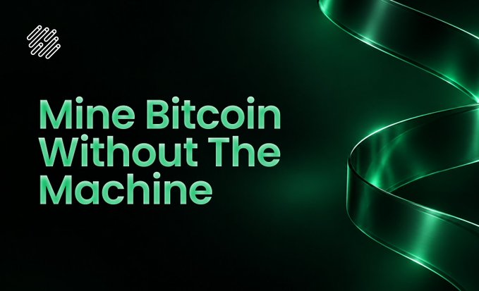 An advertisement with green text reading 'Mine Bitcoin Without The Machine' next to a stylized, swirling green ribbon on a dark background.