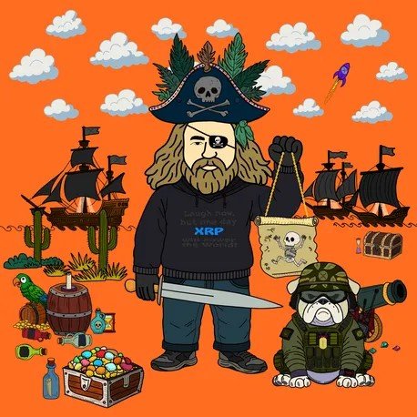 A cartoon-style illustration of a pirate with an eye patch, tricorn hat with skull and crossbones, holding a sword and a bag marked with a skull, wearing an XRP-branded hoodie, surrounded by pirate ships, treasure, a bulldog, and pixel art clouds.