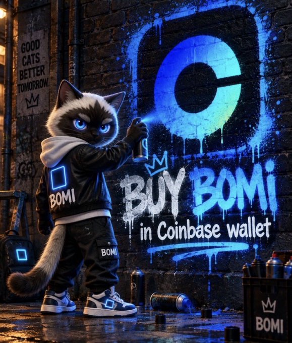 An anthropomorphic cat wearing a jacket labeled "BOMI" spray-paints "BUY BOMI in Coinbase wallet" in glowing blue on a brick wall, with a "GOOD CATS BETTER TOMORROW" poster nearby.