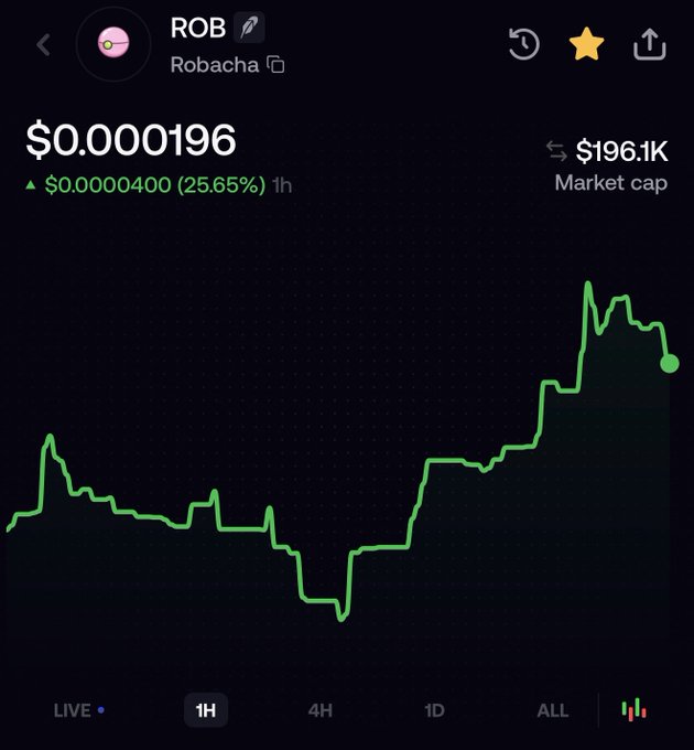 Cryptocurrency price chart for token 'ROB' (Robacha) showing a price of $0.000196 with a 25.65% increase ($0.0000400) over 1 hour, and a market cap of $196.1K, displayed on a green line graph.
