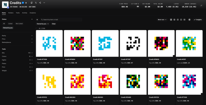 A screenshot of an xStocks marketplace interface showing various colorful pixel-art token cards (Credits) with names like #771435, #761594, and #770567, all with top offers around $50.48.