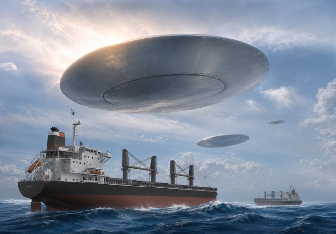 A digital art piece depicting large UFO-style flying saucers hovering in a cloudy sky above a cargo ship sailing on a choppy ocean, with another ship visible in the background.