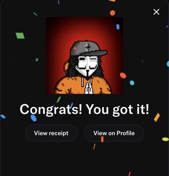 A dark pop-up screen showing a pixel-art character with 'Congrats! You got it!' above 'View receipt' and 'View on Profile' buttons.