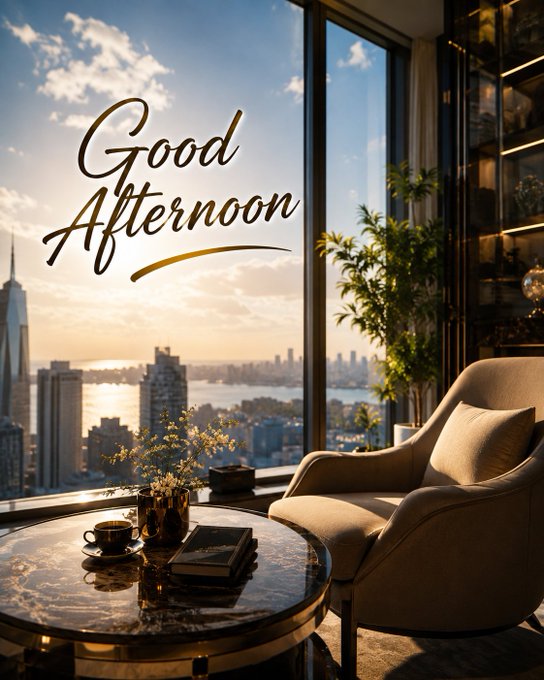 An elegant interior scene features a beige armchair and a marble coffee table by a window overlooking a city skyline at sunset, with the text 'Good Afternoon' written in gold cursive across the sky.
