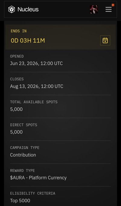 The image displays a countdown for a Nucleus event, showing 3 hours and 11 minutes remaining, with 5,000 total spots available for the top 5,000 users to secure their $AURA platform currency allocation.
