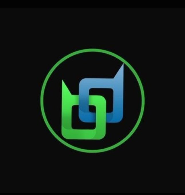 A minimalist logo consisting of interlocking green and blue angular shapes enclosed in a green circle on a black background.