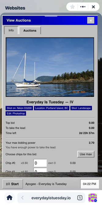 A mobile screenshot of an auction website titled 'Everyday Is Tuesday' showing a sailboat photo by Apogee, with bidding details including 'Time left: 2d 23h 57m' and a max bidding power of 2.70.