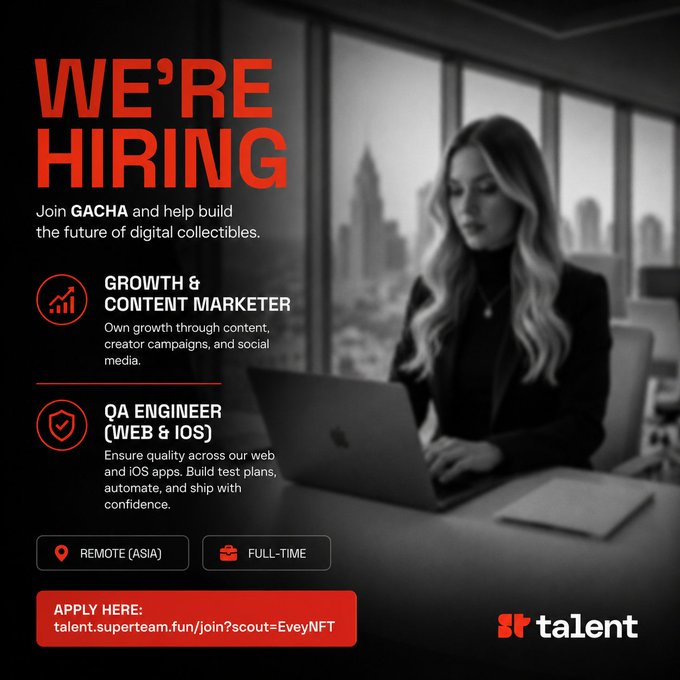 A job recruitment advertisement reading 'WE'RE HIRING' for GACHA, listing positions for a Growth & Content Marketer and a QA Engineer (Web & iOS), with a 'REMOTE (ASIA)' location and full-time status, featuring a black-and-white photo of a woman working on a laptop.