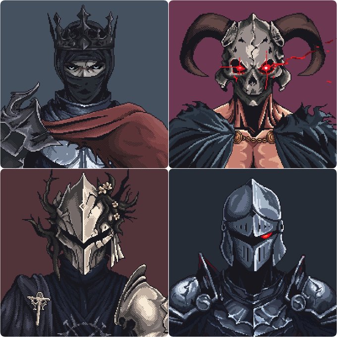 A grid showcasing four pixel art characters with medieval and dark fantasy themes—including a crowned warrior, a horned skull warrior, a knight with a floral-adorned helm, and a red-eyed armored knight—representing the solo debut collection "The Unnamed" by @zkunnamed.